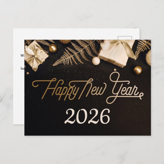 Postal Festiva 2026 Feliz Año Nuevo Personalizado Negro Oro Negoc (Anverso / Reverso)