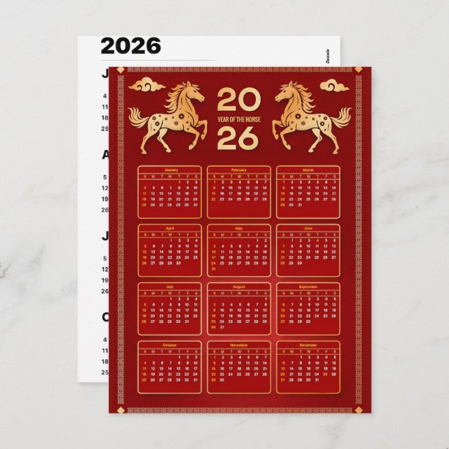 Postal Festiva 2026 Year of Horse Chinese Wall Calendar (Anverso / Reverso)