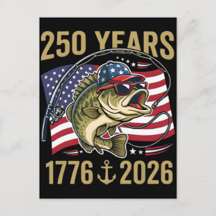 Postal Festiva 250 años 1776 2026 patriótico pesca de lubina Amér