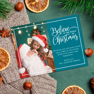 Postal Festiva 2 fotos familiares verde azuladas Creer en magia d