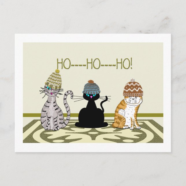 Postal Festiva 3 Gatos Con Navidades Gorras (Anverso)