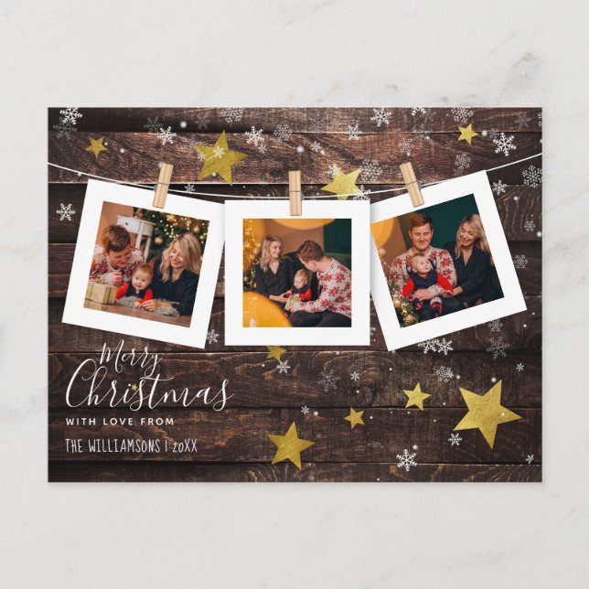 Postal Festiva 3 Navidades Personalizados Foto Pegs Rustic Wood & (Anverso)