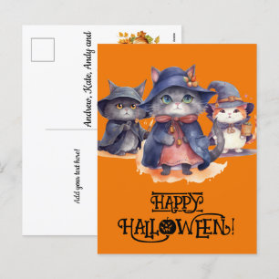Postal Festiva 3 Wiches de gato pequeño - Halloween feliz