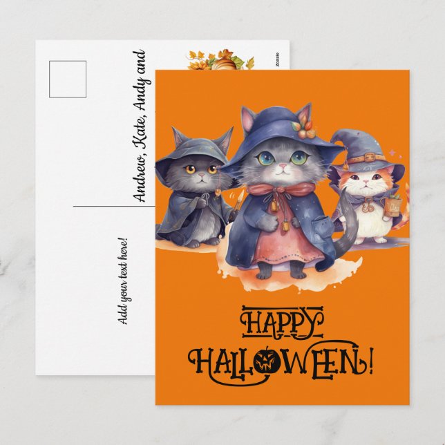 Postal Festiva 3 Wiches de gato pequeño - Halloween feliz (Anverso / Reverso)