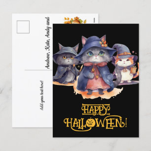 Postal Festiva 3 Wiches de gato pequeño - Halloween feliz