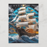 3d arte de papel, barco de vela en el océano torme