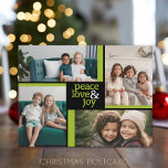 Postal Festiva 4 Collage de fotos negro verde Paz Alegría<br><div class="desc">Paz - Amor - Alegría - Que tus días sean alegres y brillantes. Agregue su información personal para hacer una postal de diseñador de navidades personalizados. PUNTO DE FOTO: Si subes tus fotos y no encajan, haz clic en el botón PERSONALIZAR ESTO. Puede llevar un poco de paciencia, pero se...</div>
