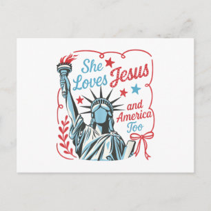 Postal Festiva 4 de julio Ella ama a Jesús y a Estados Unidos tam