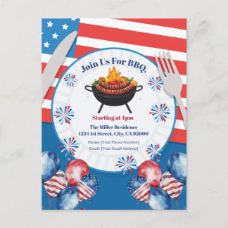 Postal Festiva 4th Of July BBQ Invitation, Party In USA Invite