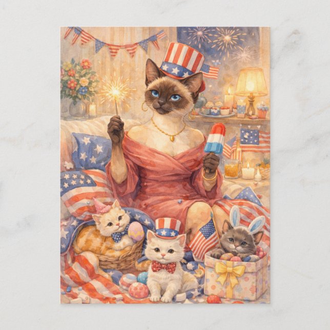 Postal Festiva 4th of July Pool Diva Cat Postcard (Anverso)