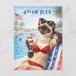Postal Festiva 4th of July Pool Diva Cat Postcard