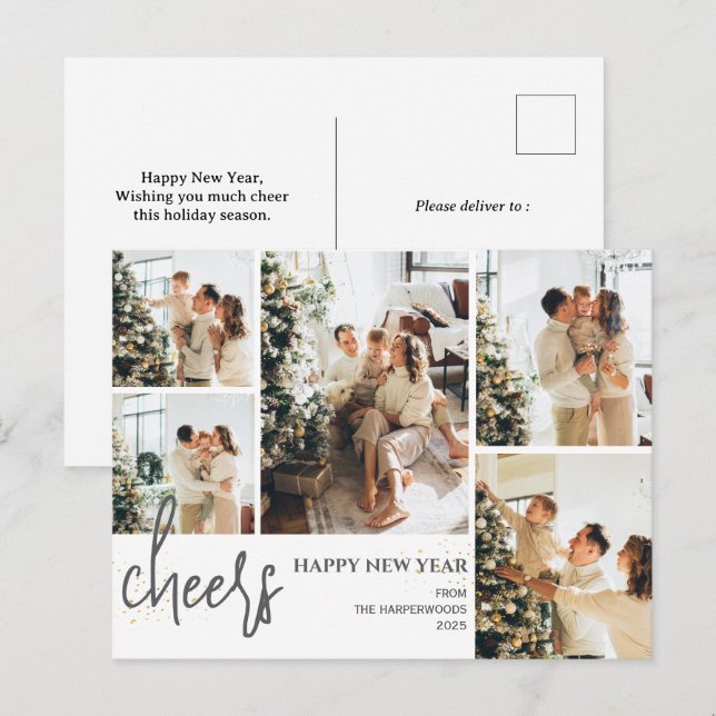 Postal Festiva 5 Photo Elegant Script Moderno Feliz Año Nuevo (Anverso / Reverso)