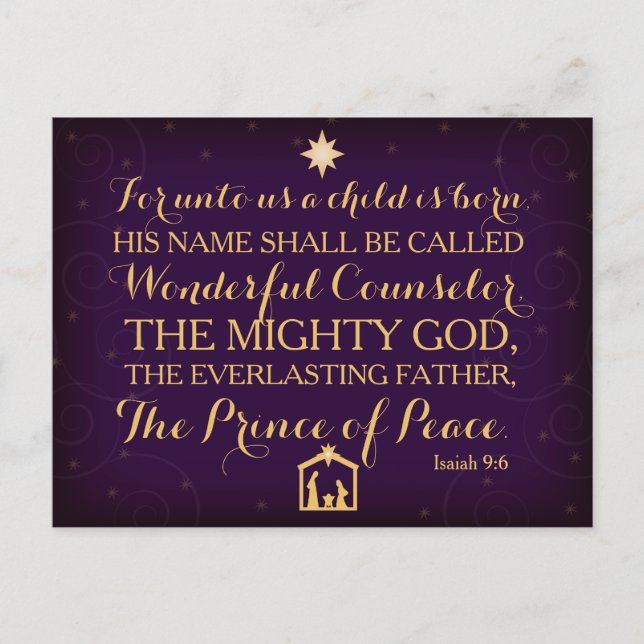 Postal Festiva 9:6 de Isaías para a nosotros un niño nace (Anverso)