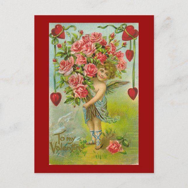 Postal Festiva A mi Valentine Cherub con corazones y flores (Anverso)
