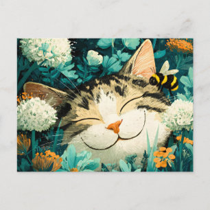 Postal Festiva Abeja de acuarela gato durmiendo flor jardín