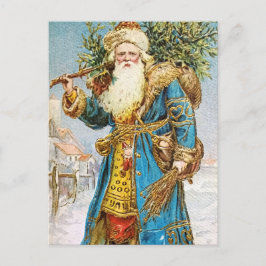 Postal Festiva Abrigo azul vintage Santa Claus con árbol de Navid