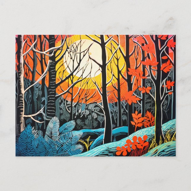 Postal Festiva Abstracción en un cautivador invierno de Linocut (Anverso)