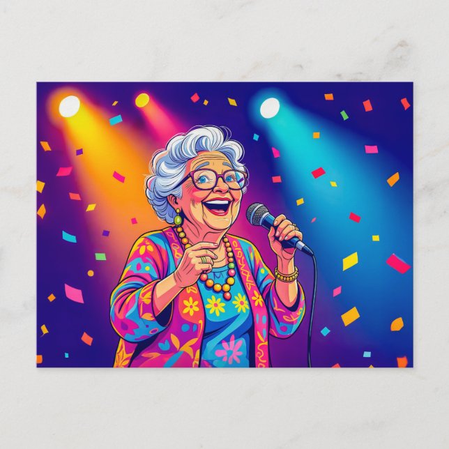 Postal Festiva Abuela cantando en el escenario Ilustración (Anverso)