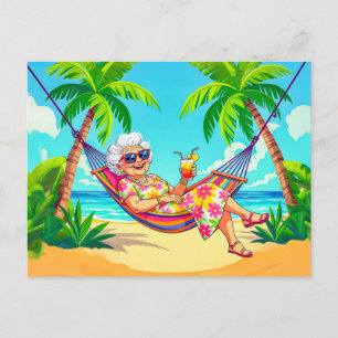 Postal Festiva Abuela en Hamaca con Ilustracion de cóctel