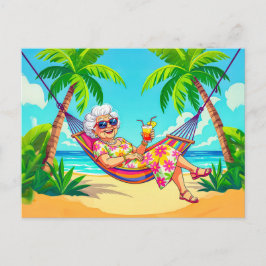 Postal Festiva Abuela en hamaca con ilustración de cóctel
