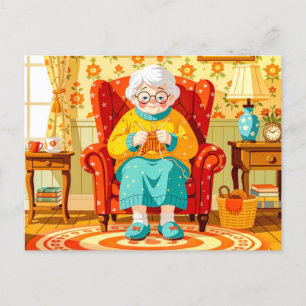 Postal Festiva Abuela tejiendo en sillón – Ilustración