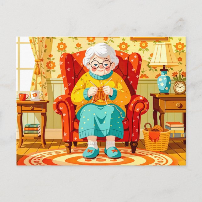 Postal Festiva Abuela tejiendo en sillón – Ilustración (Anverso)