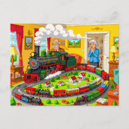 Postal Festiva Abuelo con tren de vapor en tren modelo gigante