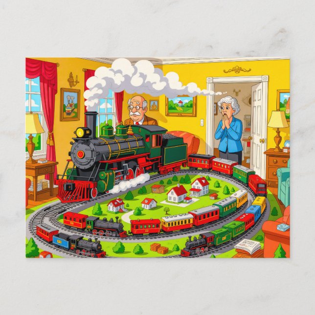Postal Festiva Abuelo con tren de vapor en tren modelo gigante (Anverso)