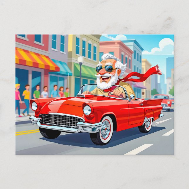 Postal Festiva Abuelo conduciendo un auto convertible (Anverso)