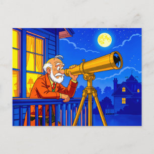 Postal Festiva Abuelo observando estrellas con telescopio