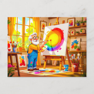 Postal Festiva Abuelo pintando creativamente sobre lienzo