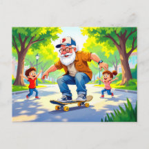 Abuelo practicando skateboarding con nieto wat