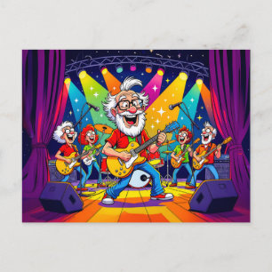 Postal Festiva Abuelo tocando en una banda de rock en el escenari
