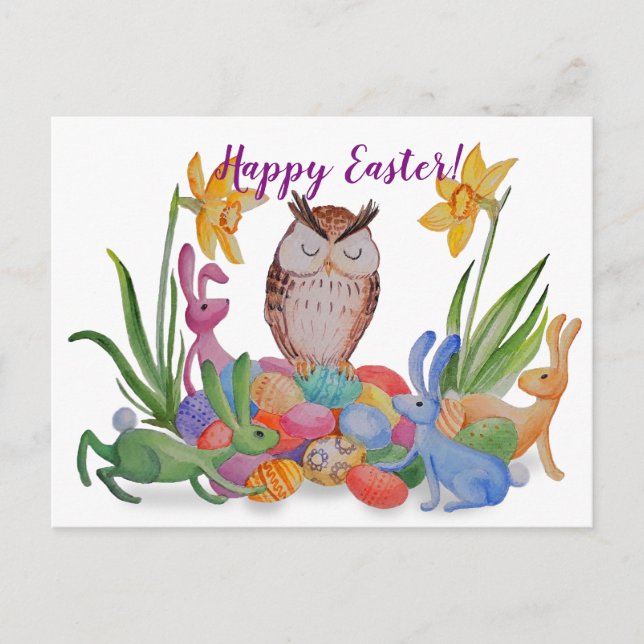 Postal Festiva Abundantes de Pascua y búho (Anverso)