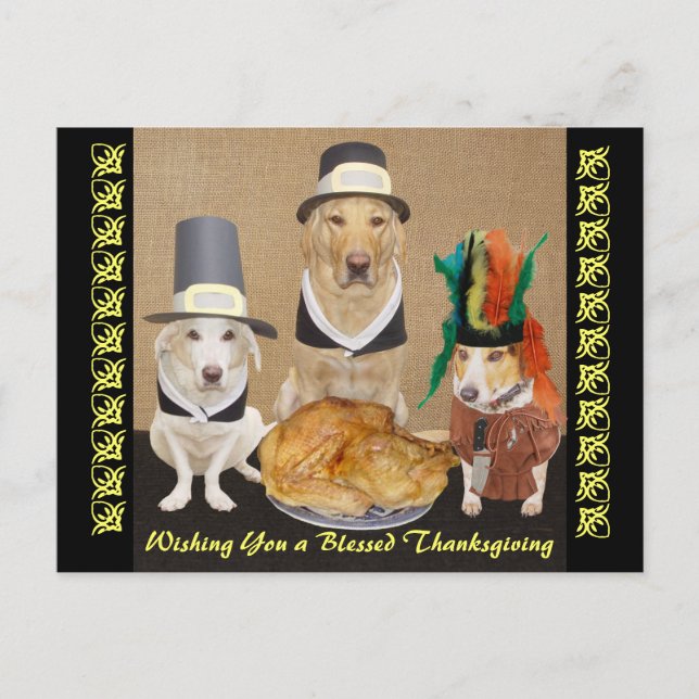 Postal Festiva Acción de gracias feliz de los perros divertidos (Anverso)