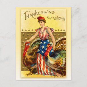 Postal Festiva Acción de gracias patriótica del vintage - señora