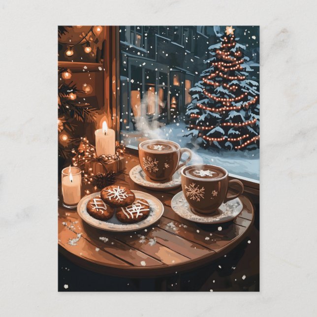 Postal Festiva Acogedor café de invierno con café caliente y gall (Anverso)