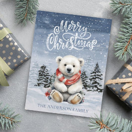 Postal Festiva Acogedor oso polar con Navidades planos de bufanda