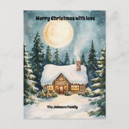 Postal Festiva Acogedora casa de campo de Navidades cubierta de n