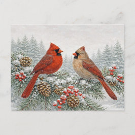Postal Festiva Acrílico de invierno Pareja de Cardenal Rojo en Pi