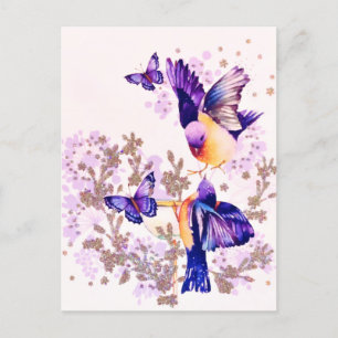 Postal Festiva Acuarela Aves Purpurina Morado Floral