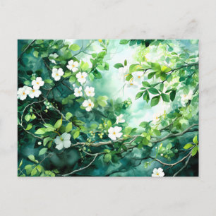 Postal Festiva Acuarela Botánica Flores Blancas Hojas Verdes
