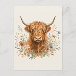 Postal Festiva Acuarela de adorable vaca de las Highlands