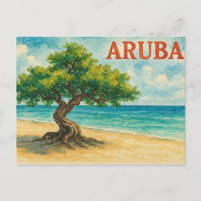 Postal Festiva Acuarela de Aruba Divi Tree Eagle Beach (Anverso)