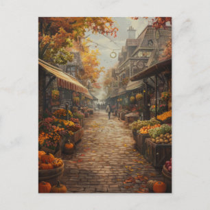 Postal Festiva Acuarela de calle de mercado bullicioso con follaj
