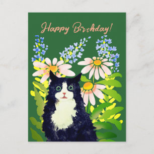 Postal Festiva Acuarela de gato Feliz cumpleaños