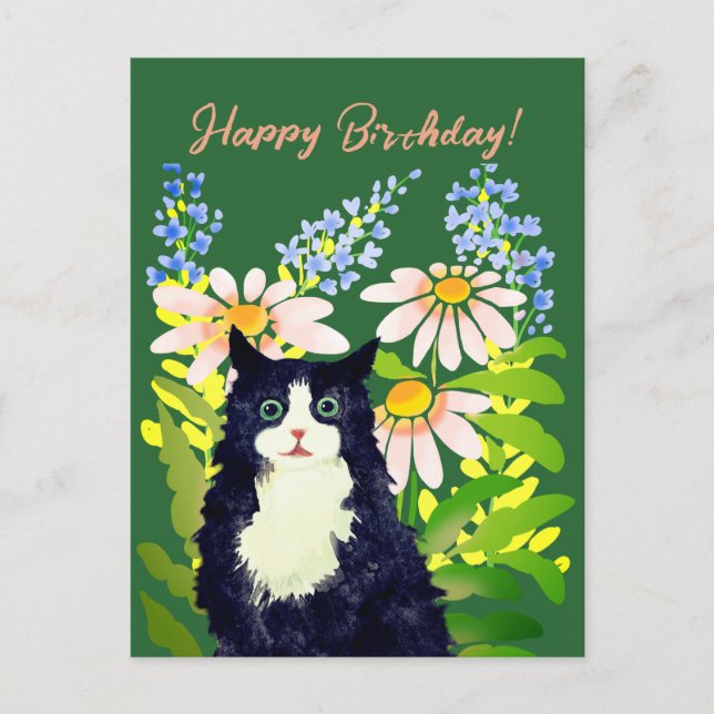 Postal Festiva Acuarela de gato Feliz cumpleaños (Anverso)