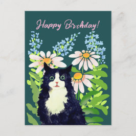 Postal Festiva Acuarela de gato Feliz cumpleaños