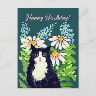 Postal Festiva Acuarela de gato Feliz cumpleaños