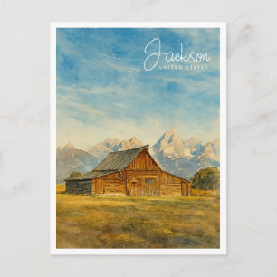 Postal Festiva Acuarela de Jackson Hole   Arte de viaje de Grand 